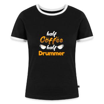 Moitié café Moitié batteur Drôle de batteur Humour - T-shirt contrasté Femme - noir/blanc - Devant - Selfina (174cm)