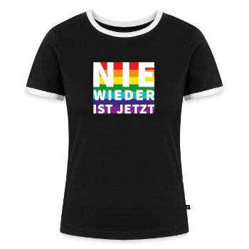 Nie wieder Schriftzug Pride Weisser Text - Frauen Kontrast-T-Shirt - Schwarz/Weiß - Vorne - Selfina (174cm)