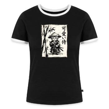 Samurai Katze Sumi-e Tuschezeichnung - Frauen Kontrast-T-Shirt - Schwarz/Weiß - Vorne - Selfina (174cm)