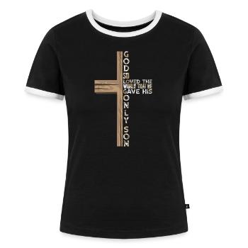 Johannes 3:16 Christliche Kreuzbibel - Frauen Kontrast-T-Shirt - Schwarz/Weiß - Vorne - Selfina (174cm)