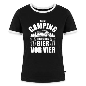 Beim Camping gibts das Bier vor vier - Spruch - Frauen Kontrast-T-Shirt - Schwarz/Weiß - Vorne - Selfina (174cm)
