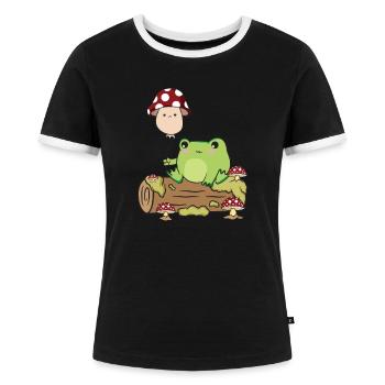 Cottagecore Kawaii Frosch Hält einen Pilz Ballon - Frauen Kontrast-T-Shirt - Schwarz/Weiß - Vorne - Selfina (174cm)