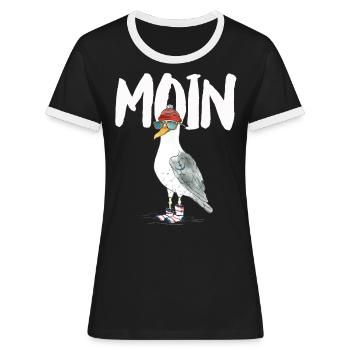 MÖWE MOIN NORDSEE - Frauen Kontrast-T-Shirt - Schwarz/Weiß - Vorne - Selfina (174cm)