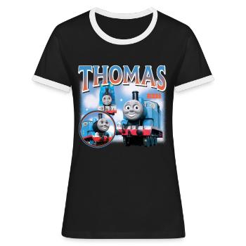Thomas & Friends™ Design Mit Thomas - Frauen Kontrast-T-Shirt - Schwarz/Weiß - Vorne - Selfina (174cm)