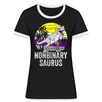 Nicht binär Stolz Flagge Dinosaurier Trex LGBTQ - Frauen Kontrast-T-Shirt - Schwarz/Weiß - Vorne - Selfina (174cm)