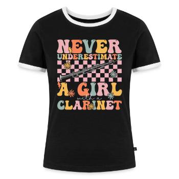 Groovy Clarinet Girl Klarinettenspielerin - Frauen Kontrast-T-Shirt - Schwarz/Weiß - Vorne - Selfina (174cm)