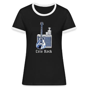Let''s Rock | Gitarre, Verstärker, Whisky, Musik - Frauen Kontrast-T-Shirt - Schwarz/Weiß - Vorne - Selfina (174cm)