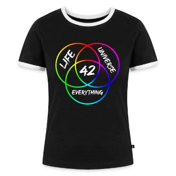 Antwort 42 - Frauen Kontrast-T-Shirt - Schwarz/Weiß - Vorne - Selfina (174cm)