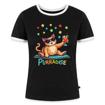Summer Cat Holiday Cocktail Paradise Purr - Women's Ringer T-Shirt - black/white - Front - Selfina (174cm)