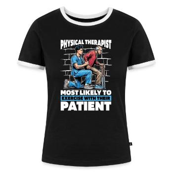 Fysioterapeut højst sandsynligt sundhedspersonale - Dame kontrast-T-shirt - sort/hvid - Foran - Selfina (174cm)