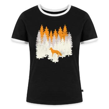 Rétro Renard Vintage Forêt Collage de sapins - T-shirt contrasté Femme - noir/blanc - Devant - Selfina (174cm)