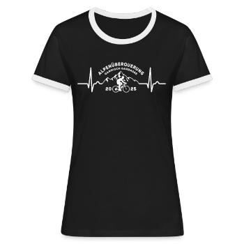 Alpenüberquerung 2025, Garmisch Gardasee, Rad - Frauen Kontrast-T-Shirt - Schwarz/Weiß - Vorne - Selfina (174cm)