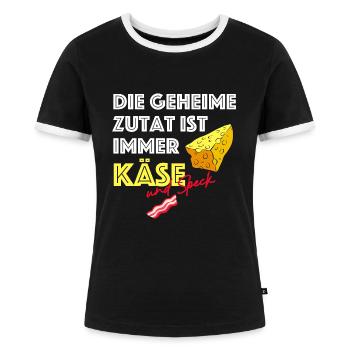 Die Geheime Zutat ist immer Käse | lustige Sprüche - Frauen Kontrast-T-Shirt - Schwarz/Weiß - Vorne - Selfina (174cm)
