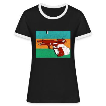 Waffe - Pistole - Revolver - Frauen Kontrast-T-Shirt - Schwarz/Weiß - Vorne - Selfina (174cm)