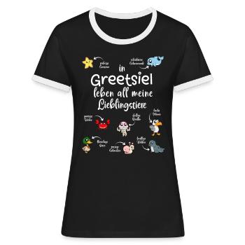 Meine Lieblingstiere in Greetsiel - Frauen Kontrast-T-Shirt - Schwarz/Weiß - Vorne - Selfina (174cm)
