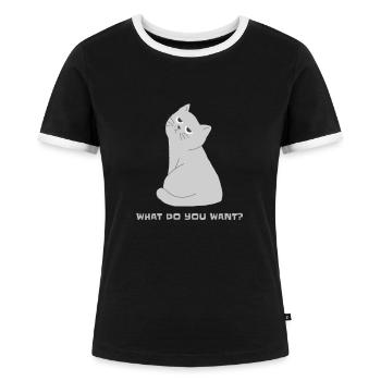 Funny serious Cat what do you want Lustige Katze - Frauen Kontrast-T-Shirt - Schwarz/Weiß - Vorne - Selfina (174cm)