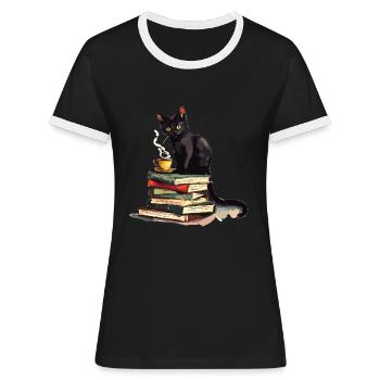 Cats Books Tea Reading - Cute Funny Graphic - Frauen Kontrast-T-Shirt - Schwarz/Weiß - Vorne - Selfina (174cm)