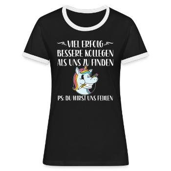 Abschiedsgeschenk Kollegin Mitarbeiterin Einhorn - Frauen Kontrast-T-Shirt - Schwarz/Weiß - Vorne - Selfina (174cm)