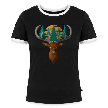 Deer head motif with forest and full moon - Women's Ringer T-Shirt - black/white - Front - Selfina (174cm)