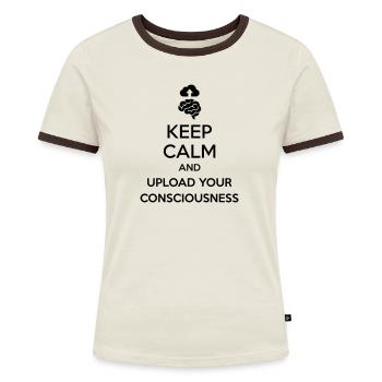 Lade dein Bewusstsein hoch – Sarkastischer Tech-Witz - Frauen Kontrast-T-Shirt - Grau meliert/Schwarz - Vorne - Selfina (174cm)