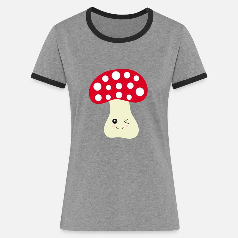 Kawaii champignon Toadstool mignon rouge avec visage - T-shirt contrasté Femme - gris chiné/noir