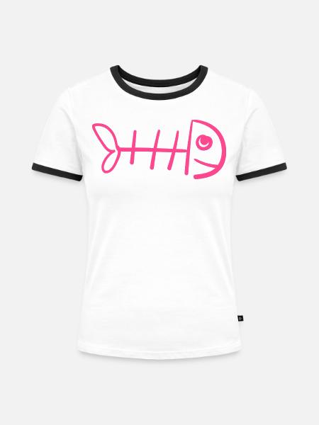 Fischgräte - Lustiges Katzenshirt - Frauen Kontrast-T-Shirt - Weiß/Schwarz