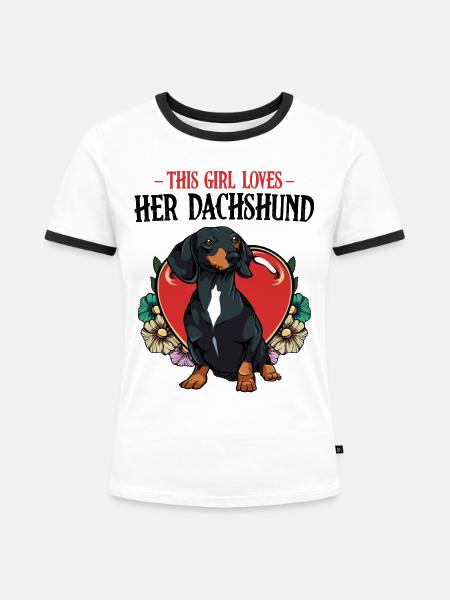 Dackel Herz Blumen Motiv - Frauen Kontrast-T-Shirt - Weiß/Schwarz
