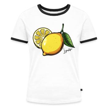 Zitrusleuchten: Gelbe Zitrone mit Blättern - Frauen Kontrast-T-Shirt - Weiß/Schwarz - Vorne - Selfina (174cm)