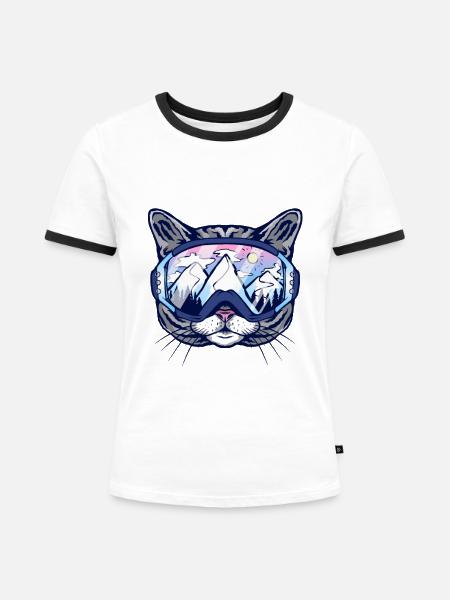 Katze Skibrille - Frauen Kontrast-T-Shirt - Weiß/Schwarz