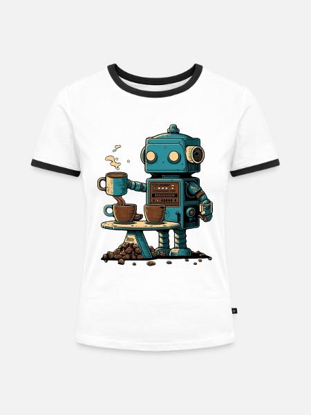 Blechroboter macht Kaffee - Frauen Kontrast-T-Shirt - Weiß/Schwarz