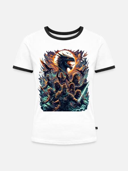 Drachenkrieger Epische Schlacht - Frauen Kontrast-T-Shirt - Weiß/Schwarz