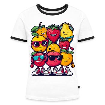 Fruit Squad – 🍓 🍊 🍉 Cartoon - Frauen Kontrast-T-Shirt - Weiß/Schwarz - Vorne - Selfina (174cm)