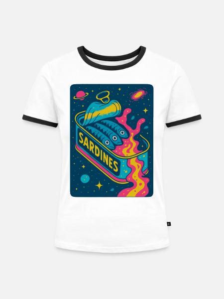 Kosmische Sardinen Retro Kunst - Frauen Kontrast-T-Shirt - Weiß/Schwarz