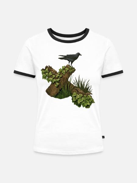 Krähe auf Holzkreuz, efeu - Frauen Kontrast-T-Shirt - Weiß/Schwarz