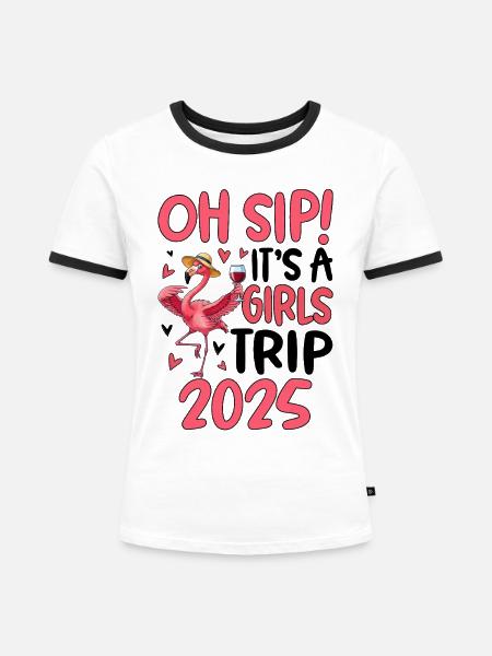 Flamingo mit Weinglas 2025 Frauenshirt - Frauen Kontrast-T-Shirt - Weiß/Schwarz
