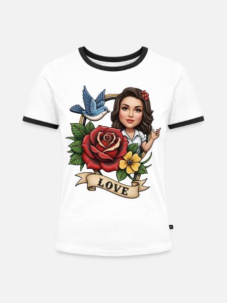Romantisches Blumenporträt mit Vogel - Frauen Kontrast-T-Shirt - Weiß/Schwarz