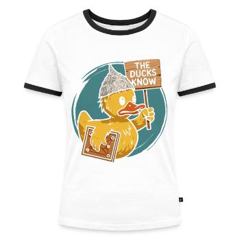 Humorvoller Enten-Tempelbau mit Verschwörung - Frauen Kontrast-T-Shirt - Weiß/Schwarz - Vorne - Selfina (174cm)