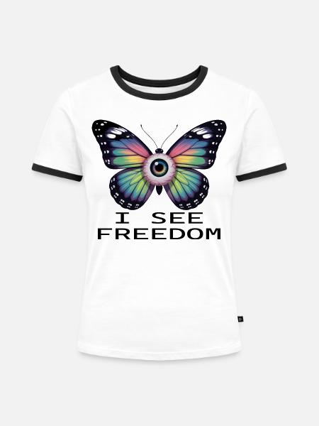 Regenbogenaugen-Schmetterling - Frauen Kontrast-T-Shirt - Weiß/Schwarz