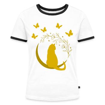 Goldene Mondkatze mit Blütenranke - Frauen Kontrast-T-Shirt - Weiß/Schwarz - Vorne - Selfina (174cm)
