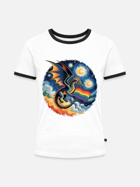 Pridelike Drache mit Regenbogenflagge - Frauen Kontrast-T-Shirt - Weiß/Schwarz