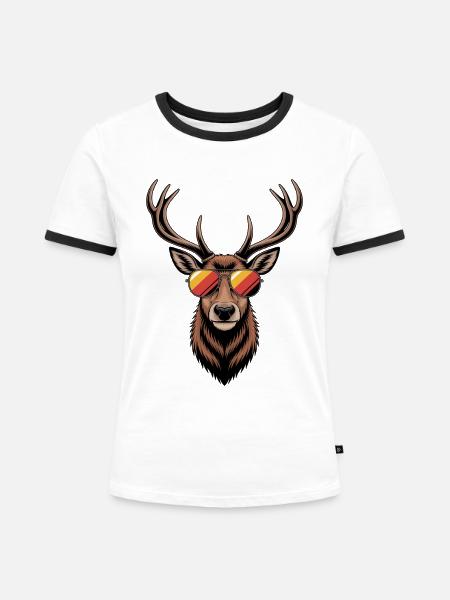 Hirsch mit Geweih und Sonnenbrille - Frauen Kontrast-T-Shirt - Weiß/Schwarz