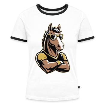 Pferd Maskottchen mit Sonnenbrille - Frauen Kontrast-T-Shirt - Weiß/Schwarz - Vorne - Selfina (174cm)
