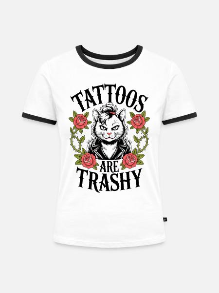 Punkkatze mit Lederjacke und Rosen - Frauen Kontrast-T-Shirt - Weiß/Schwarz