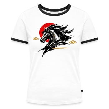 Chinesisches Neujahr 2026 Pferd Geschenk - Frauen Kontrast-T-Shirt - Weiß/Schwarz - Vorne - Selfina (174cm)