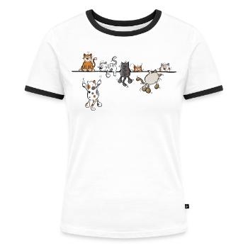 Happy Katzen Auf der Linie - Katzenmotiv Katze  - Frauen Kontrast-T-Shirt - Weiß/Schwarz - Vorne - Selfina (174cm)