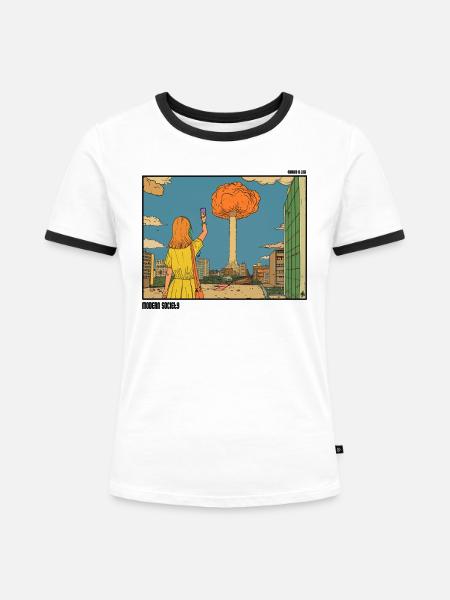 Selfie vor Atompuff - Frauen Kontrast-T-Shirt - Weiß/Schwarz
