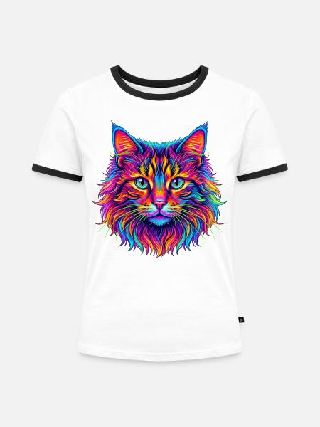 Neon Katzenkopf Farbexplosion - Frauen Kontrast-T-Shirt - Weiß/Schwarz