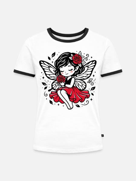 Rosenflügel Fee im Roten Kleid - Frauen Kontrast-T-Shirt - Weiß/Schwarz