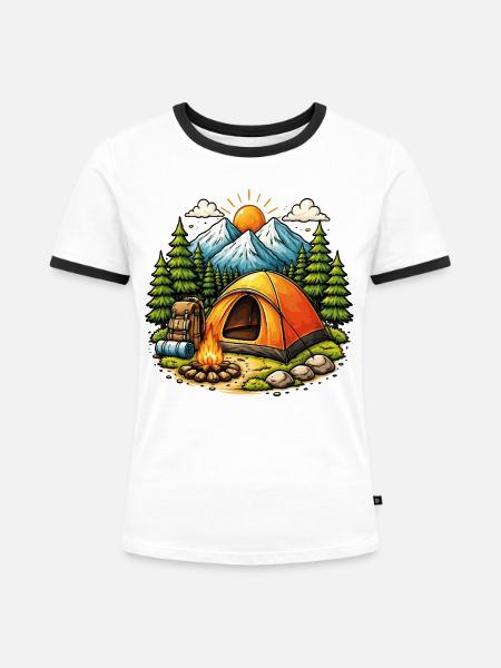 Zeltcamping, Biwak, Bergnatur - Frauen Kontrast-T-Shirt - Weiß/Schwarz