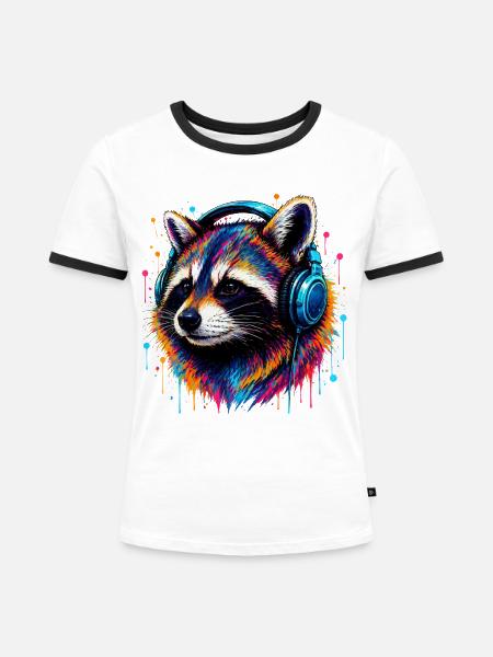 Waschbär mit Kopfhörern - Frauen Kontrast-T-Shirt - Weiß/Schwarz